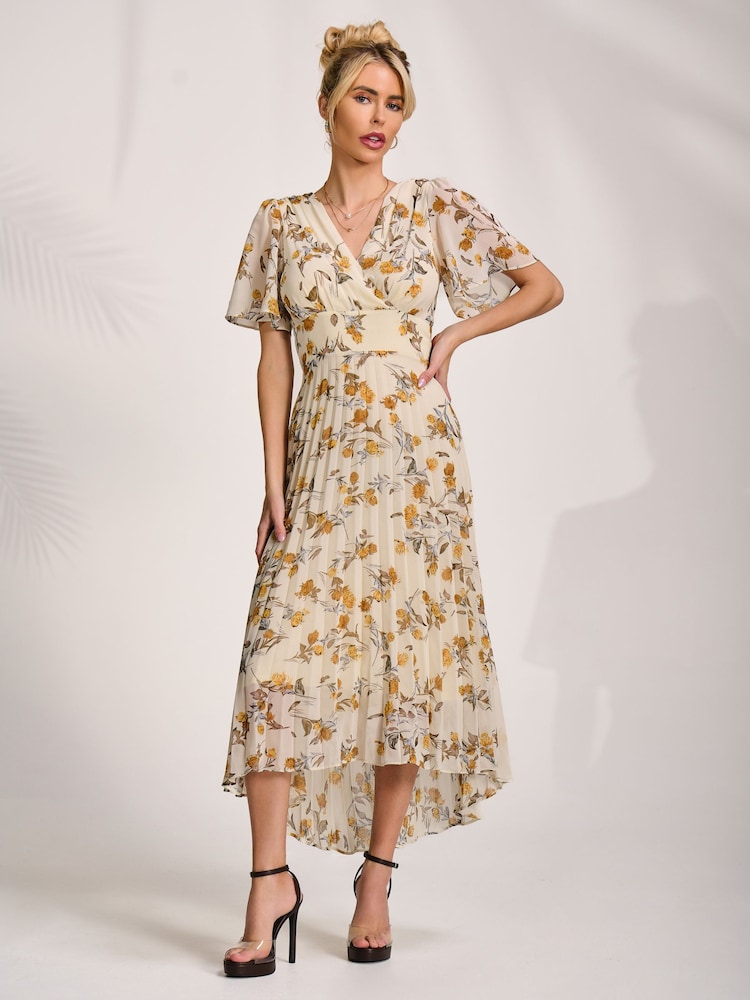 Jolie Moi Orange Printed Chiffon Pleated Maxi Dress - Image 1 of 6