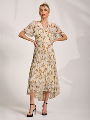 Jolie Moi Orange Printed Chiffon Pleated Maxi Dress - Image 6 of 6