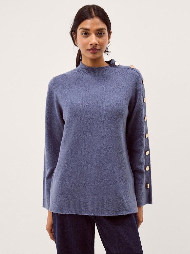 Monsoon Blue Breda Funnel Neck Button Jumper - Image 1 of 4 Monsoon Blue Breda Funnel Neck Button Jumper - Image 1 of 4