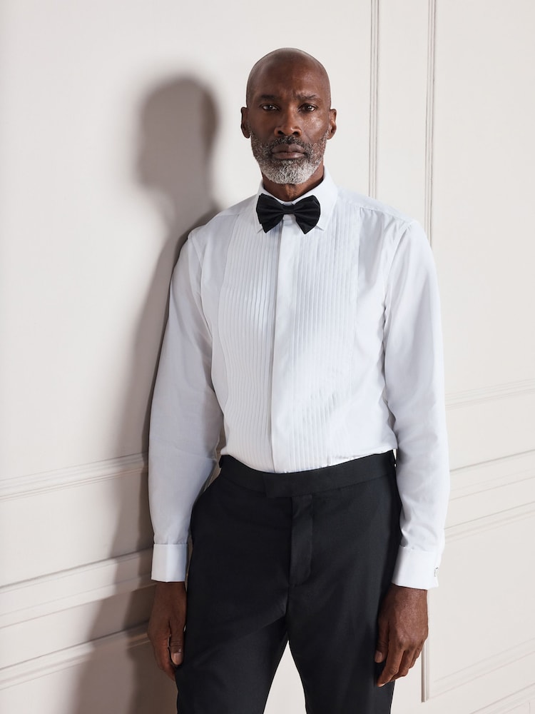 White Signature Pleated Double Cuff  Shirt with Bow Tie And Silver Cufflink - Image 1 of 10