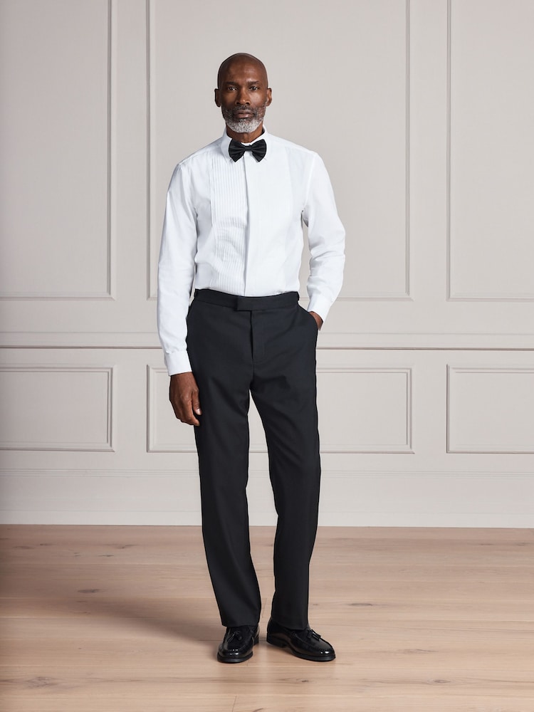 White Signature Pleated Double Cuff  Shirt with Bow Tie And Silver Cufflink - Image 2 of 10