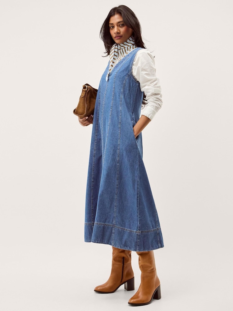 v neck sleeveless denim dress Womens Monsoon Blue Tessa V-Neck Sleeveless Denim Midi Dress L (US 12-14)