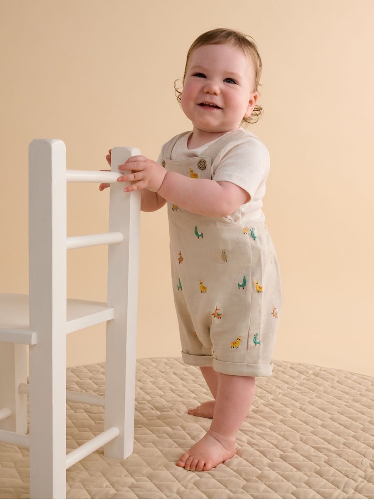 Purebaby Natural Turtle Broderie Dungaree and T-Shirt Set - Image 1 of 7 Purebaby Natural Turtle Broderie Dungaree and T-Shirt Set - Image 1 of 7