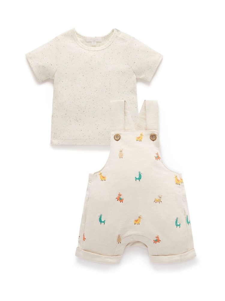 Purebaby Natural Turtle Broderie Dungaree and T-Shirt Set - Image 2 of 7 Purebaby Natural Turtle Broderie Dungaree and T-Shirt Set - Image 2 of 7