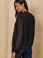 Sort - Love & Roses Stud Trim Pussybow Blouse - Billede 5 af 5