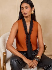 Love & Roses Orange Satin Lace Scarf Halter Sleeveless Blouse - Image 1 of 4