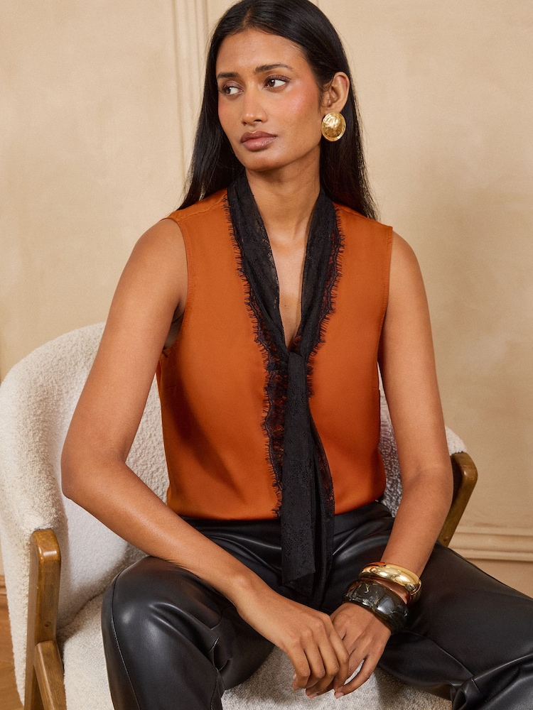Love & Roses Orange Satin Lace Scarf Halter Sleeveless Blouse - Image 1 of 4