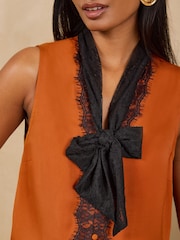 Love & Roses Orange Satin Lace Scarf Halter Sleeveless Blouse - Image 2 of 4