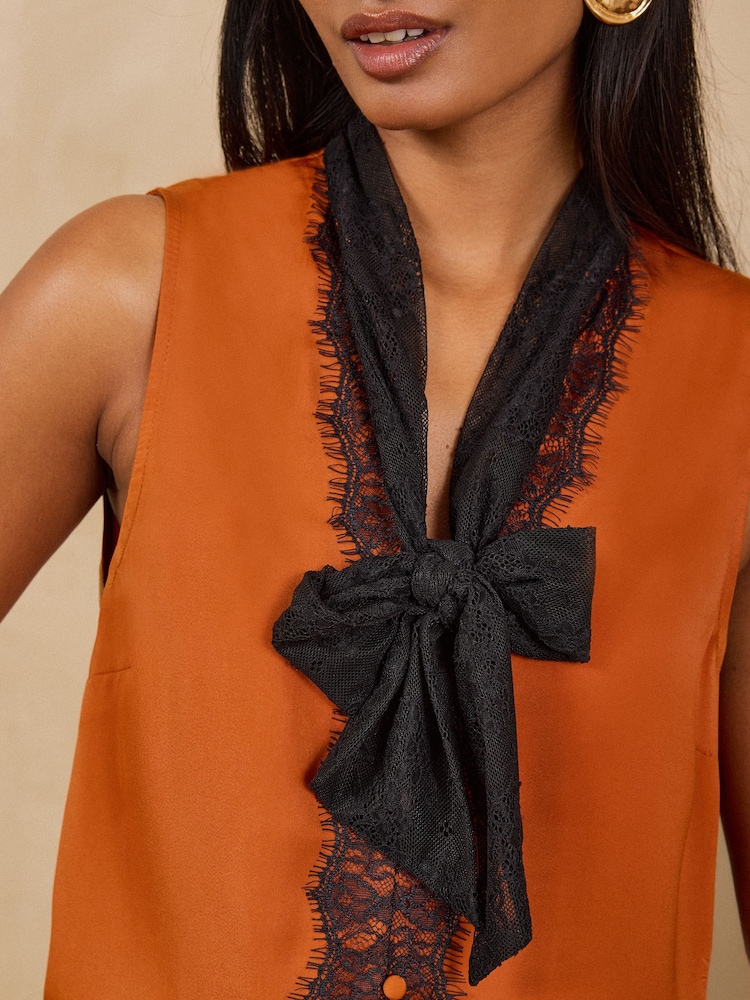 Love & Roses Orange Satin Lace Scarf Halter Sleeveless Blouse - Image 2 of 4