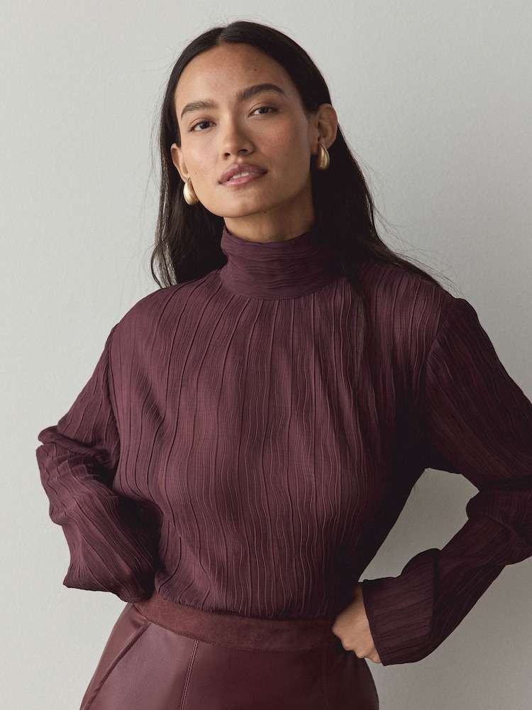 Wine Textured Funnel Neck Long Sleeve Top - Image 1 of 7