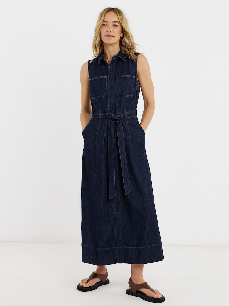 JD Williams Blue Sleeveless Pocket Front Denim Midaxi Dress - Image 1 of 4