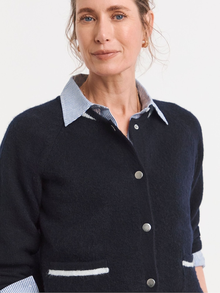 JD Williams Blue Contrast Bomber Style Knitted Cardigan - Image 4 of 4