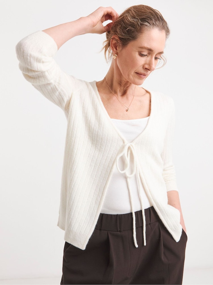 JD Williams Cream Ribbed Tie Front Cardigan - Image 1 of 4