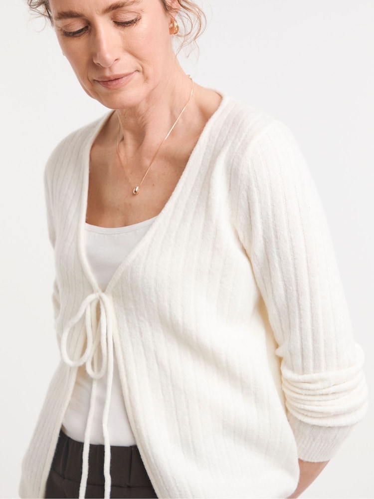 JD Williams Cream Ribbed Tie Front Cardigan - Image 4 of 4