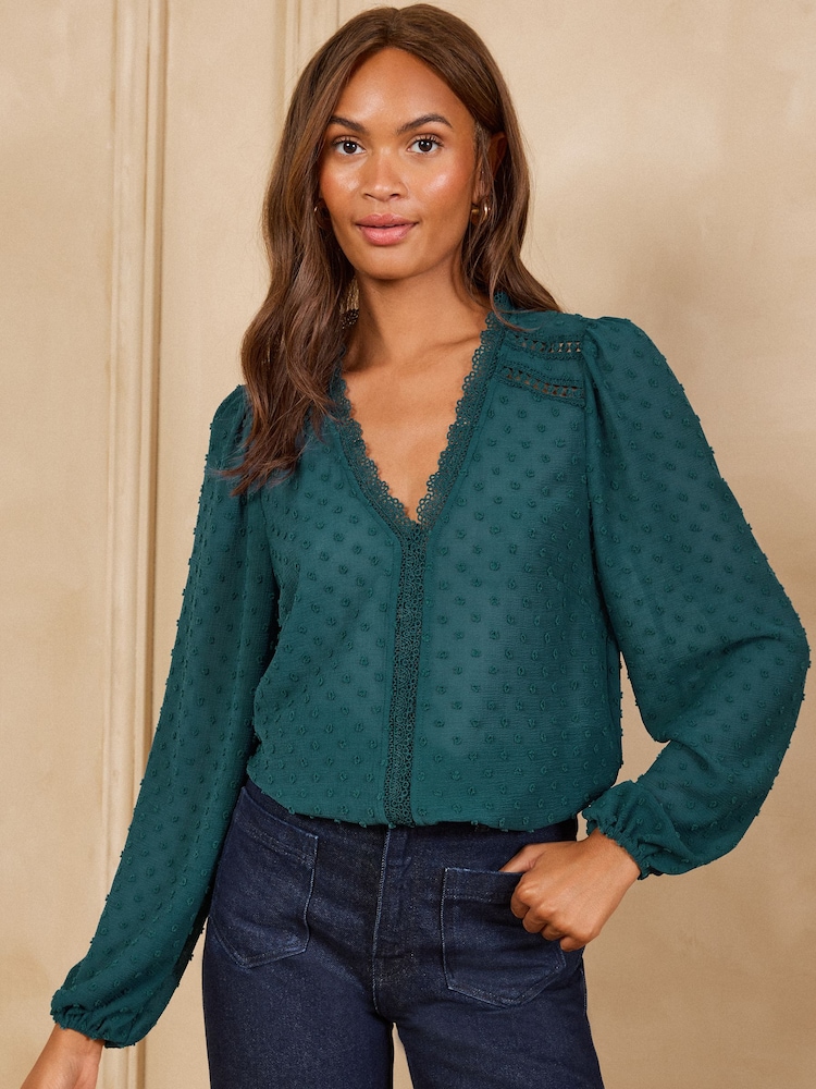 Love & Roses Teal Blue Dobby Lace Trim V-Neck Long Sleeve Blouse - Image 1 of 4