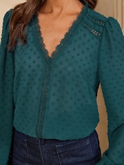 Love & Roses Teal Blue Dobby Lace Trim V-Neck Long Sleeve Blouse - Image 2 of 4