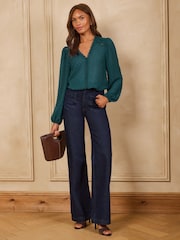 Love & Roses Teal Blue Dobby Lace Trim V-Neck Long Sleeve Blouse - Image 3 of 4