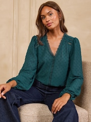 Love & Roses Teal Blue Dobby Lace Trim V-Neck Long Sleeve Blouse - Image 4 of 4