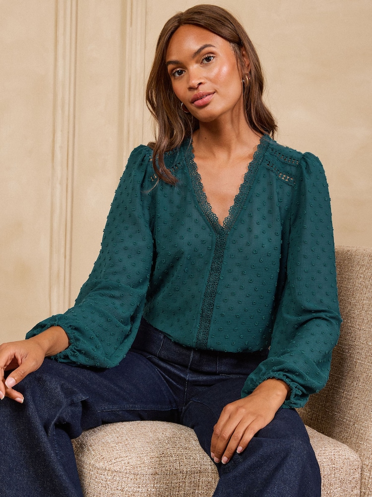 Love & Roses Teal Blue Dobby Lace Trim V-Neck Long Sleeve Blouse - Image 4 of 4