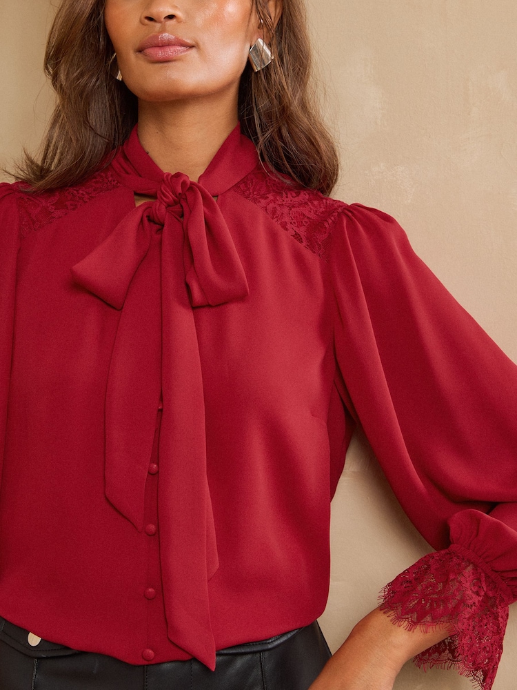 Love & Roses Red Lace Cuff Pussybow Blouse - Image 2 of 4