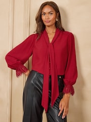 Love & Roses Red Lace Cuff Pussybow Blouse - Image 4 of 4