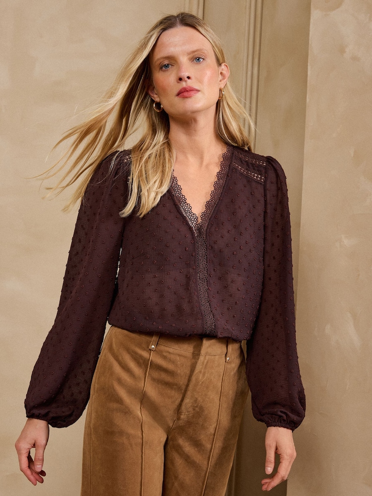 Love & Roses Chocolate Brown Dobby Lace Trim V-Neck Long Sleeve Blouse - Image 1 of 4