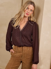 Love & Roses Chocolate Brown Dobby Lace Trim V-Neck Long Sleeve Blouse - Image 4 of 4