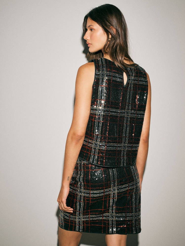 Red/Black Check Sequin Mini Skirt - Image 2 of 5 Red/Black Check Sequin Mini Skirt - Image 2 of 5