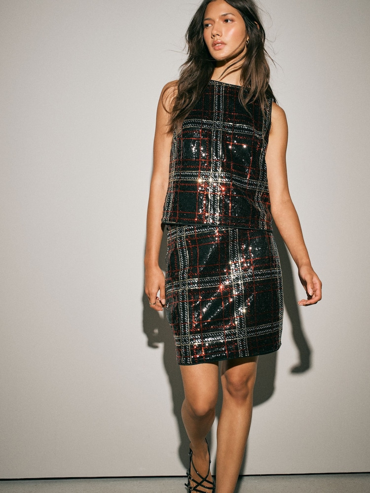 Red/Black Check Sequin Sleeveless Top - Image 1 of 4