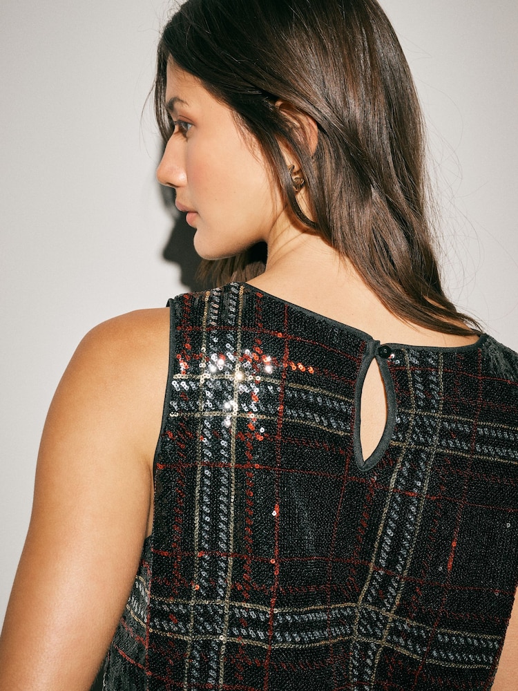 Red/Black Check Sequin Sleeveless Top - Image 4 of 4