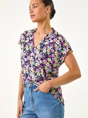 Roman Blue Petite Floral V-Neck Stretch Top - Image 1 of 5