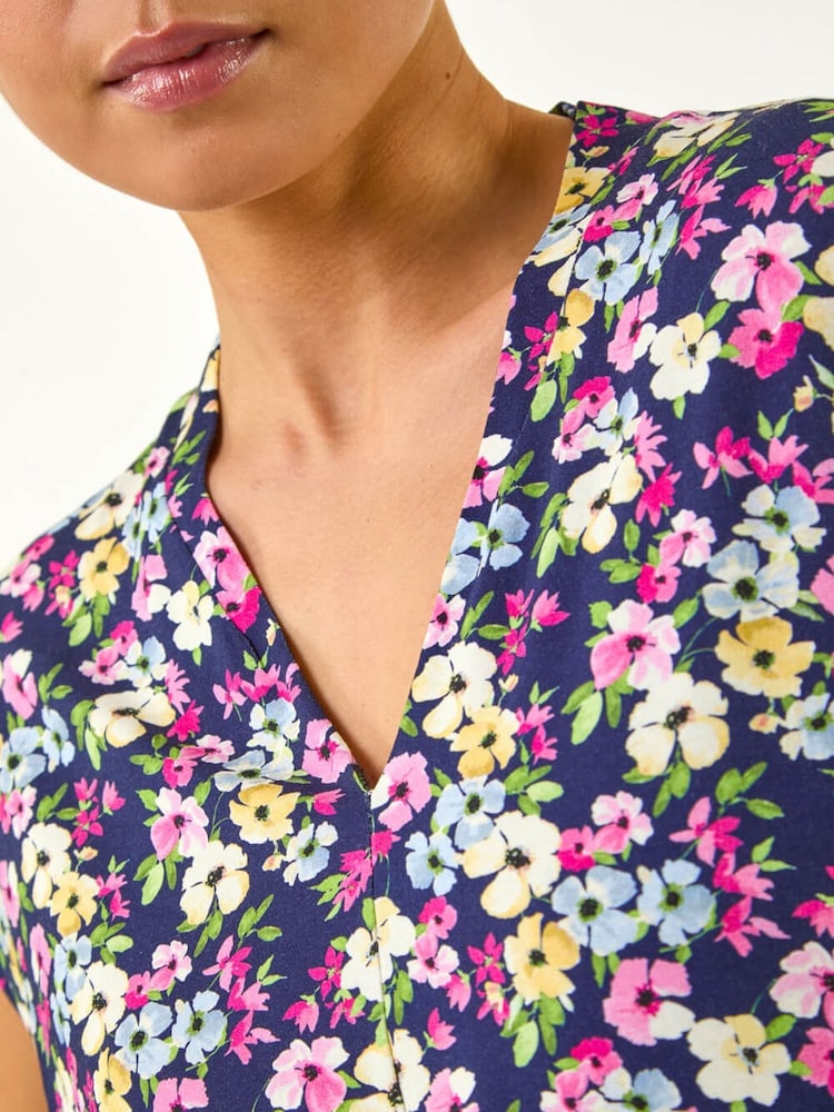 Roman Blue Petite Floral V-Neck Stretch Top - Image 5 of 5