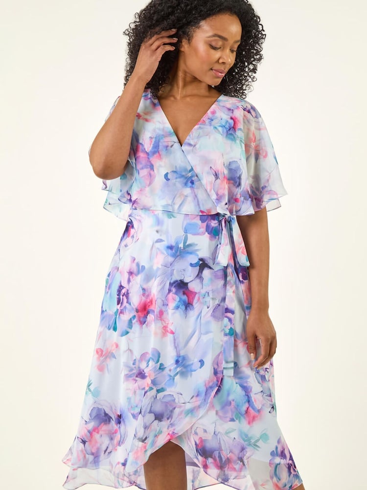 Roman Blue Petite Floral Tie Front Cape Dress - Image 1 of 5 Roman Blue Petite Floral Tie Front Cape Dress - Image 1 of 5