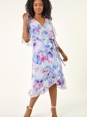 Roman Blue Petite Floral Tie Front Cape Dress - Image 2 of 5