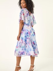 Roman Blue Petite Floral Tie Front Cape Dress - Image 3 of 5