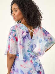 Roman Blue Petite Floral Tie Front Cape Dress - Image 4 of 5