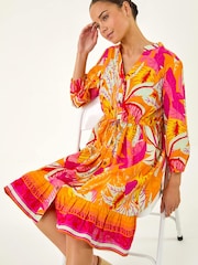 Roman Orange Petite Tropical Print Button Detail Dress - Image 1 of 5
