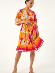 Roman Orange Petite Tropical Print Button Detail Dress - Image 2 of 5