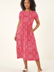 Roman Petite Aztec Gathered Waist Midi Dress - Image 2 of 5
