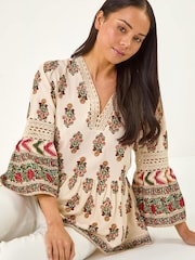 Roman White Petite Print V-Neck Lace Top - Image 1 of 5