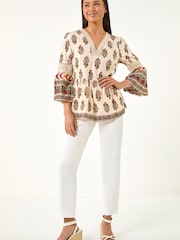 Roman White Petite Print V-Neck Lace Top - Image 2 of 5