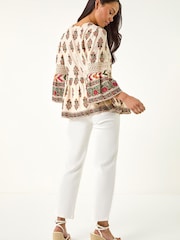 Roman White Petite Print V-Neck Lace Top - Image 3 of 5