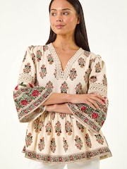 Roman White Petite Print V-Neck Lace Top - Image 4 of 5