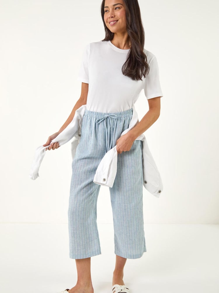 Roman Blue Petite Stripe Cropped Wide Leg Trousers - Image 1 of 5 Roman Blue Petite Stripe Cropped Wide Leg Trousers - Image 1 of 5