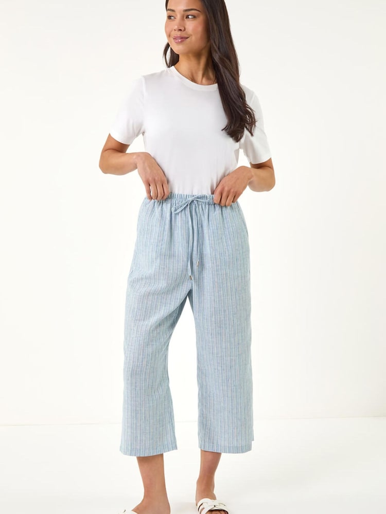 Roman Blue Petite Stripe Cropped Wide Leg Trousers - Image 2 of 5 Roman Blue Petite Stripe Cropped Wide Leg Trousers - Image 2 of 5