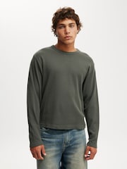 Cotton On Green Cropped Fit Textured Long Sleeve T-Shirt - Image 1 of 4