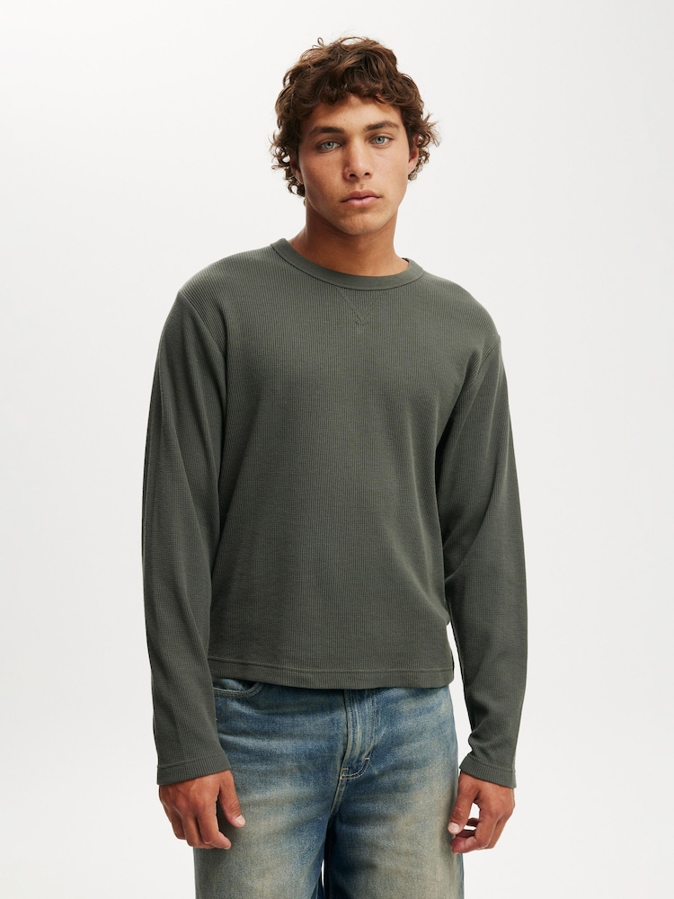 Cotton On Green Cropped Fit Textured Long Sleeve T-Shirt - Image 1 of 4