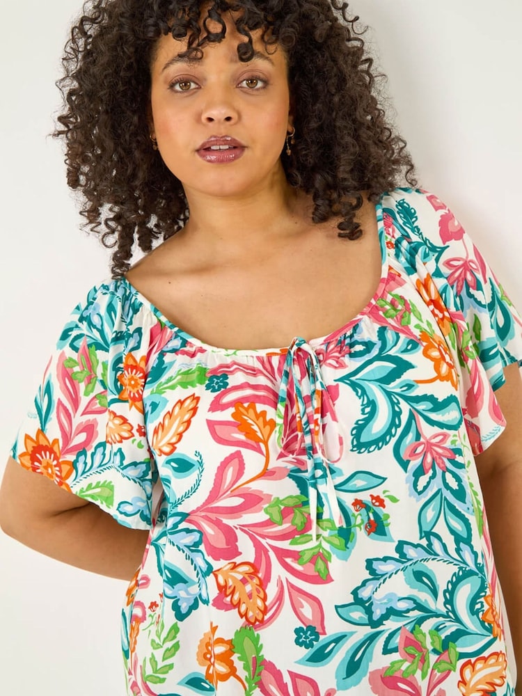 Roman Blue Curve Print Pom Pom Top - Image 1 of 5