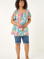 Roman Blue Curve Print Pom Pom Top - Image 4 of 5