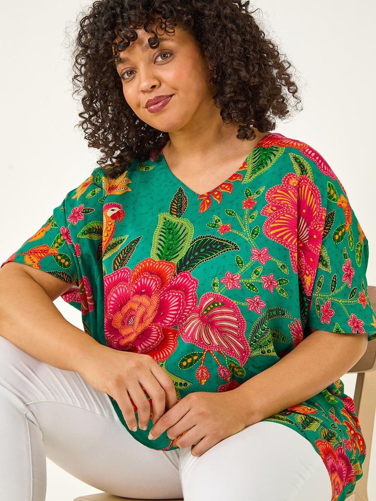 Roman Green Curve Floral Woven Top - Image 1 of 4